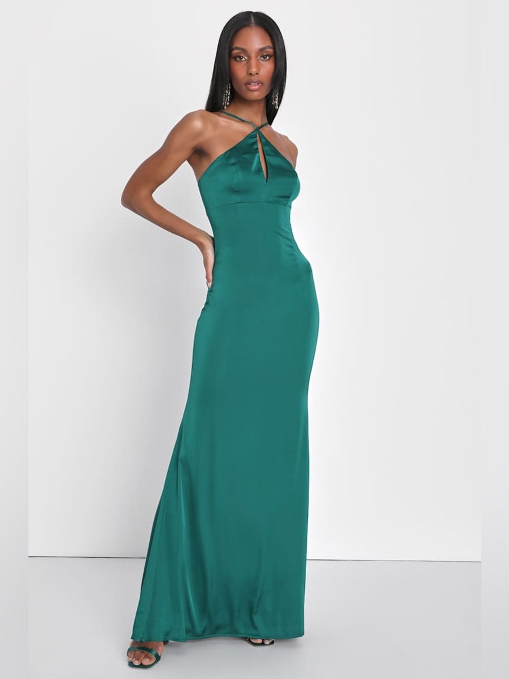New LuLus Lg Lustrous Love Emerald Satin Halter Cutout Mermaid Maxi Dress
